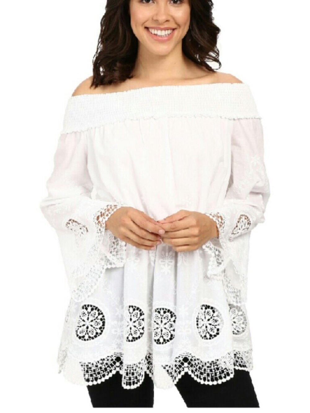Adrianna Papell White Crochet Lace Off Shoulder Bell Sleeve Cotton Tunic Large